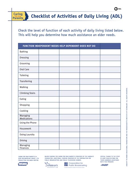 Printable Activities Of Daily Living Checklist